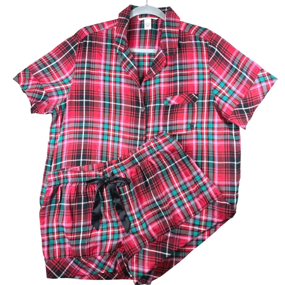 Victoria's Secret Pajama Set Womens Medium Plaid Short Sleeve Top & Shorts